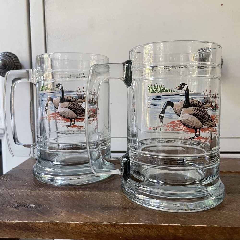 Canadian Geese Clear‎ Glass Beer Stein Mug #684 by Princess House Set Of 2